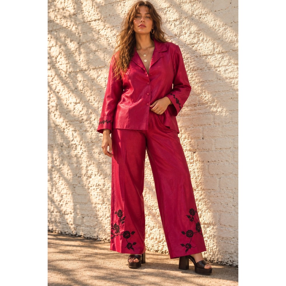 Vintage A Wild Thyme Pink Pant Suit Rose Embroidered Set Coquette Glam Size 22